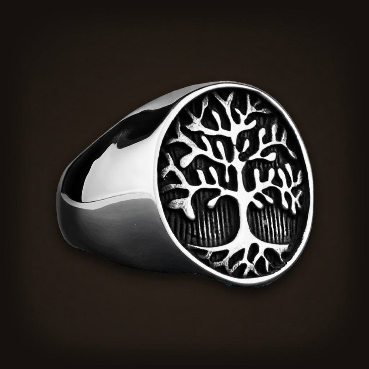 Bague viking chevalière yggdrasil arbre de vie design epure en acier inoxydable poli
