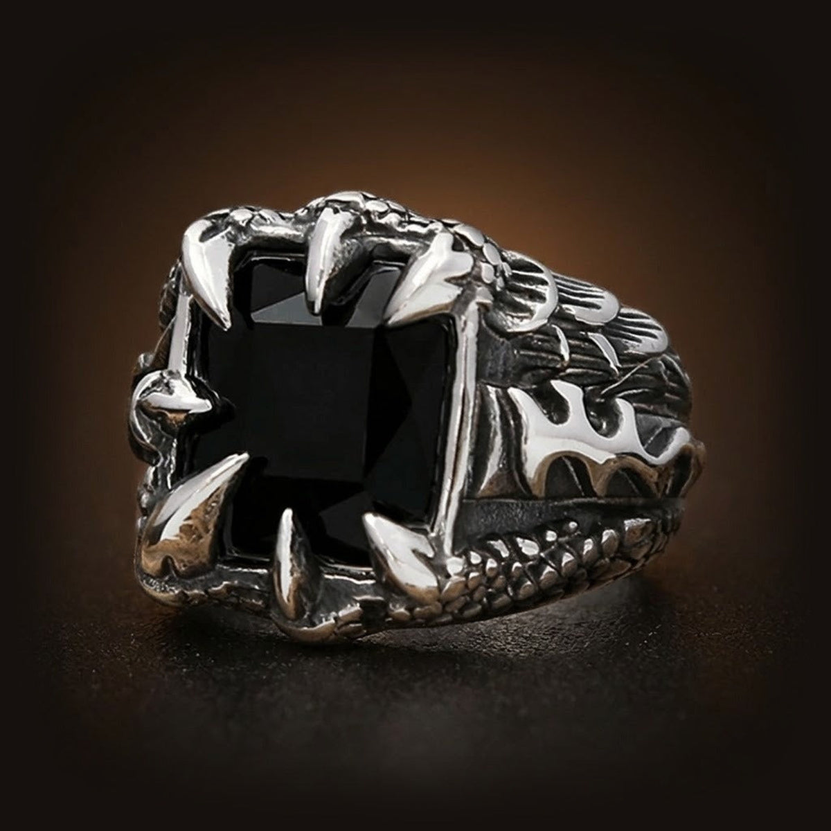 Bague viking griffe de dragon avec pierre noire en acier inoxydable
