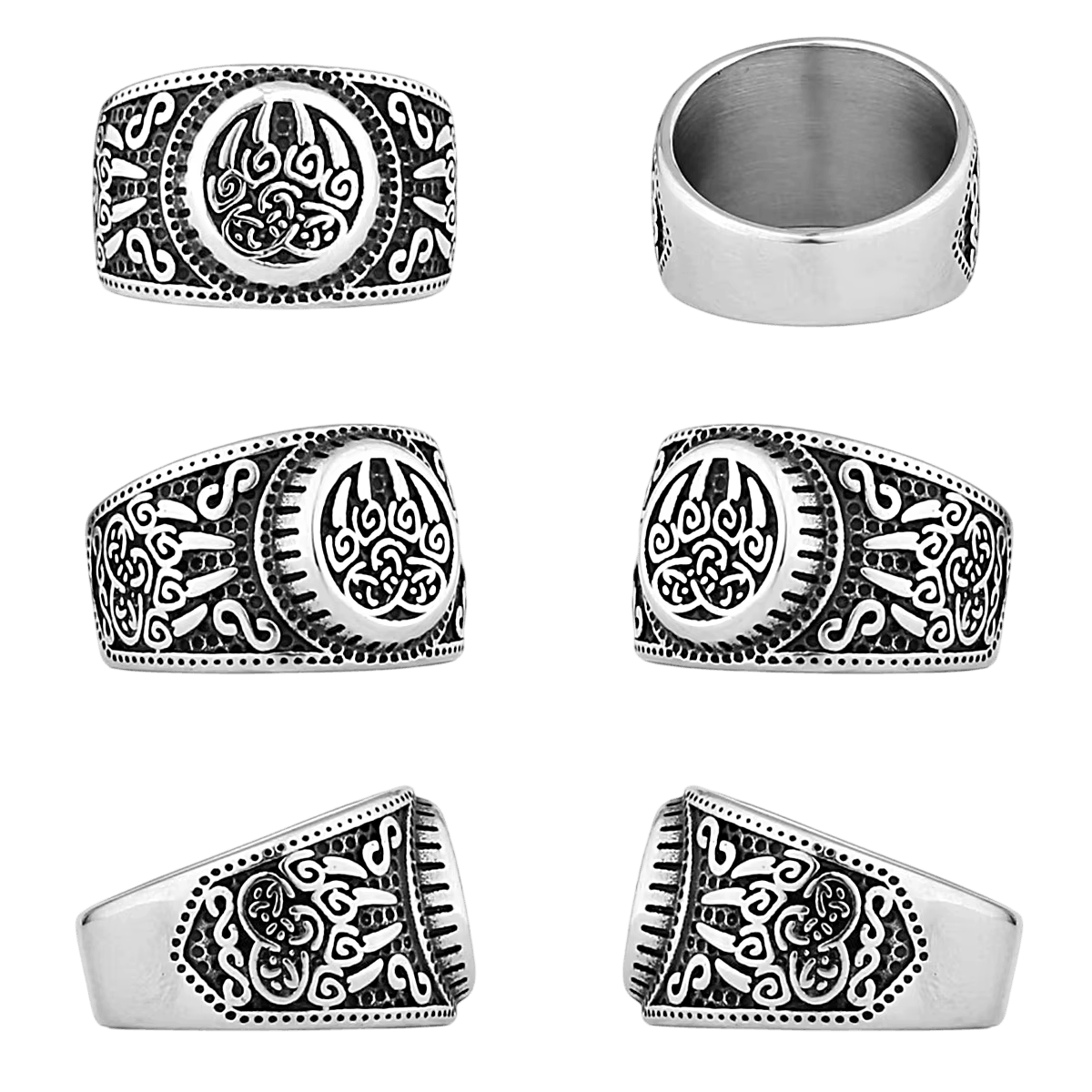 Chevalière viking en acier inoxydable, griffe d'ours et entrelacs celtiques gravés, vue sous plusieurs angles, sur fond blanc
