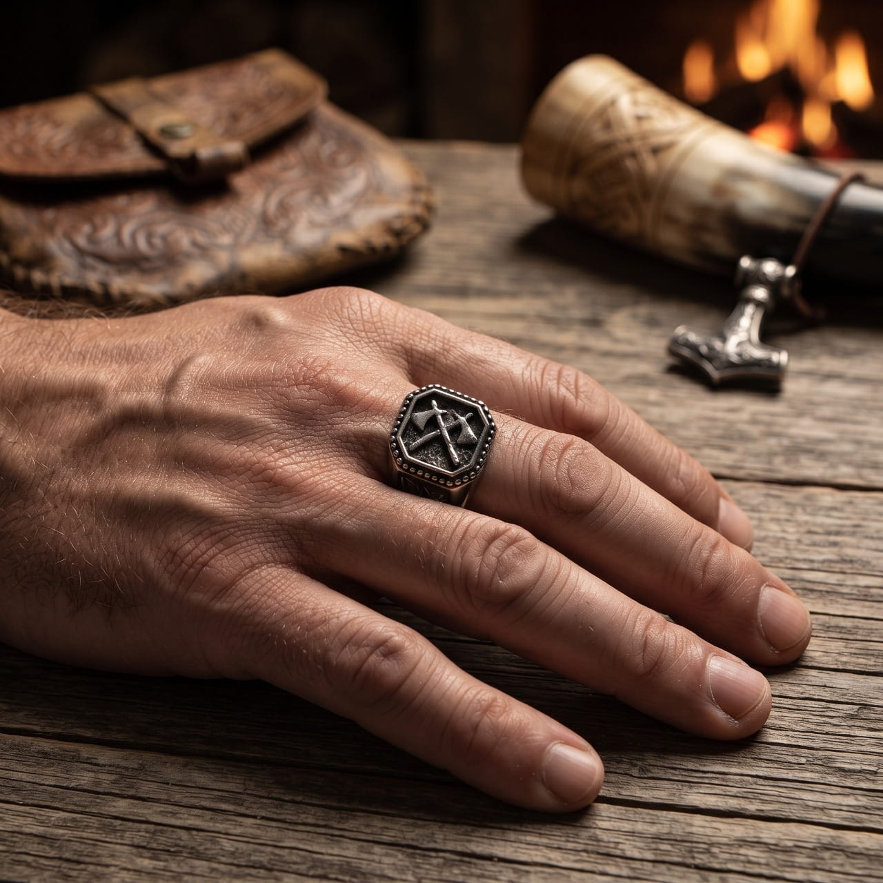 Bague chevalière hexagonale en acier gravée de deux haches croisées, portée à l'annulaire d'une main d'homme