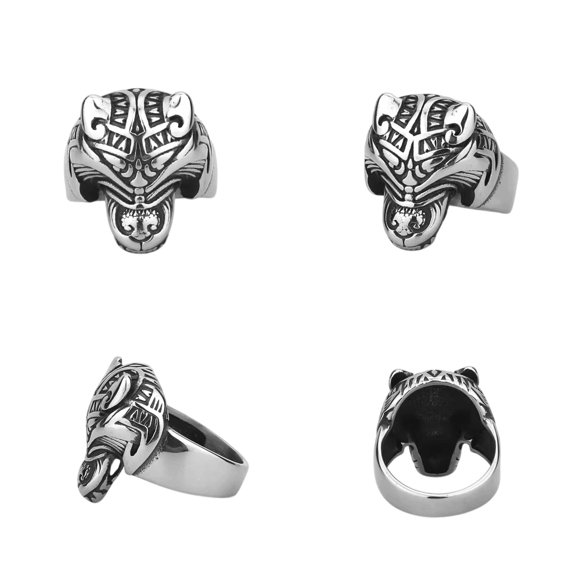 Bague viking loup en acier inoxydable, tête sculptée aux crocs relevés vue sous plusieurs angles, sur fond blanc