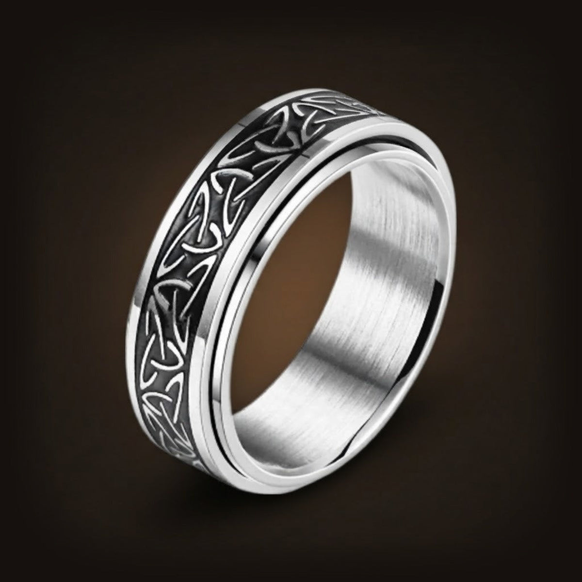 Bague viking rotative anti-stress triquetra nœud celtique en acier argenté