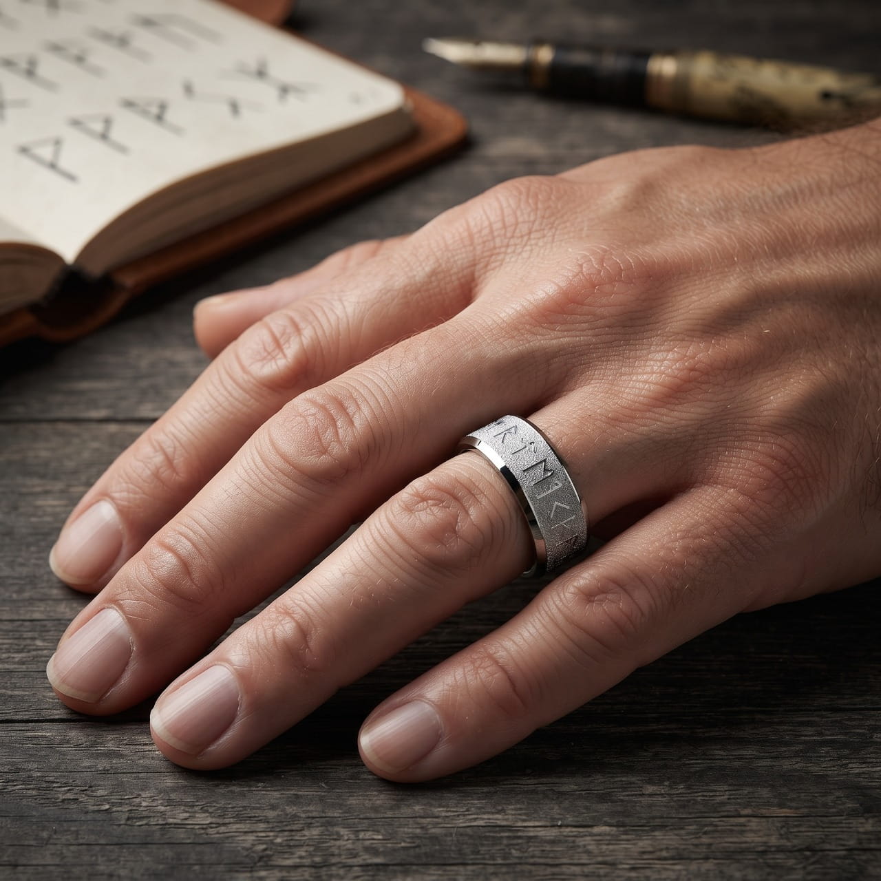 Bague en acier argenté sablé gravée de runes portée à l'annulaire d'une main d'homme, carnet ouvert et plume