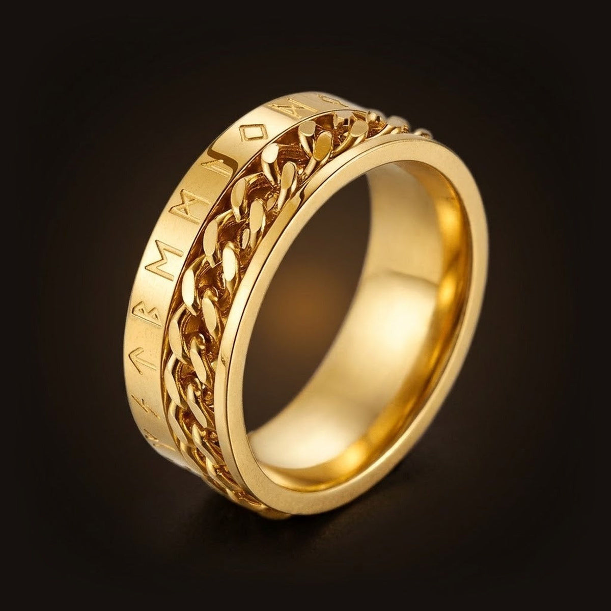 Bague viking runes Futhark spinner rotative acier inoxydable doré, avec chaîne