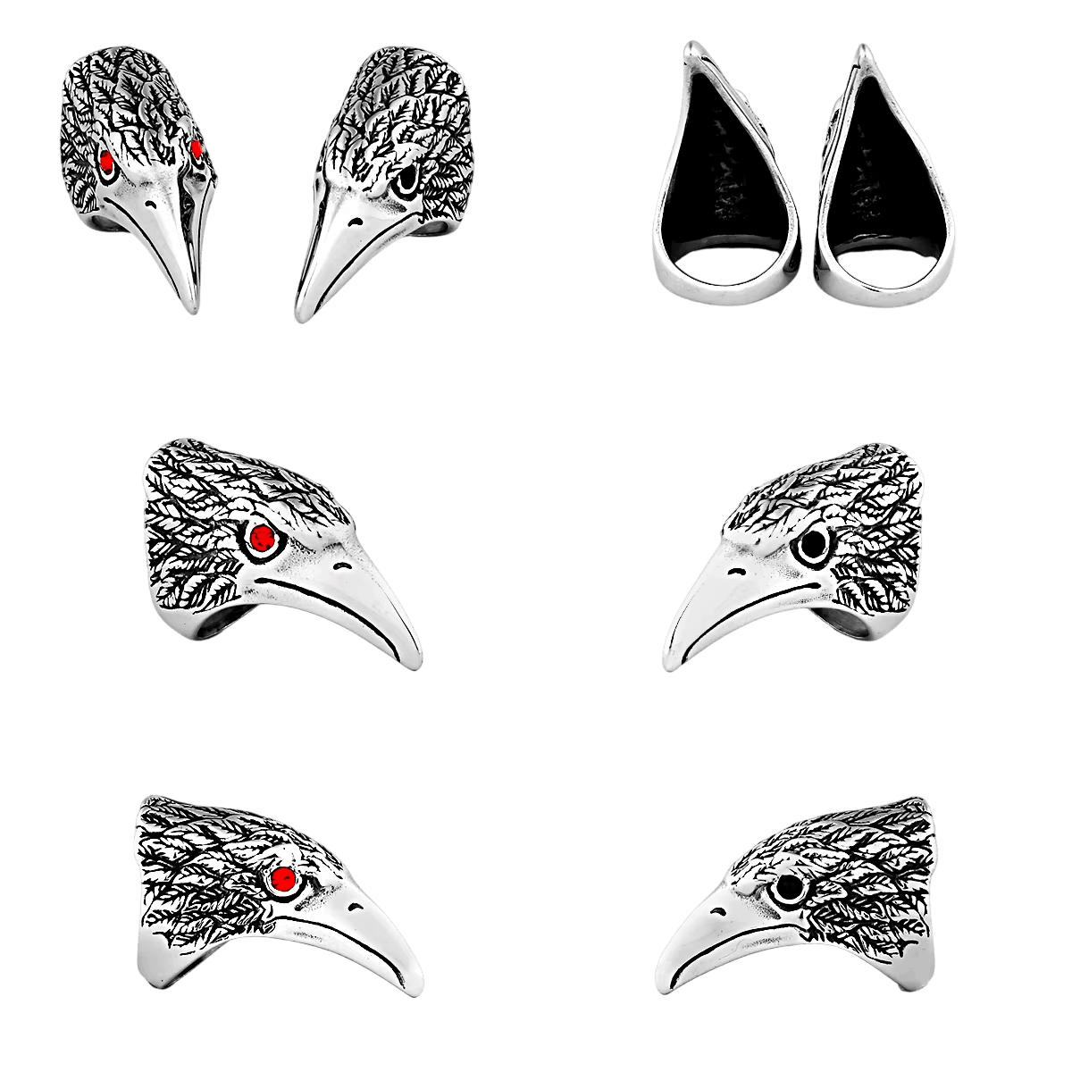 Bague viking tête de corbeau en acier inoxydable, versions œil noir et œil rouge, sur fond blanc