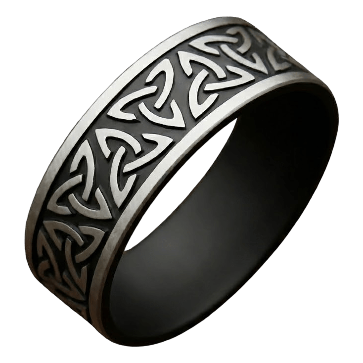 Bague viking de type anneau en acier inoxydable avec gravures répétées du symbole Triquetra en finition antique.