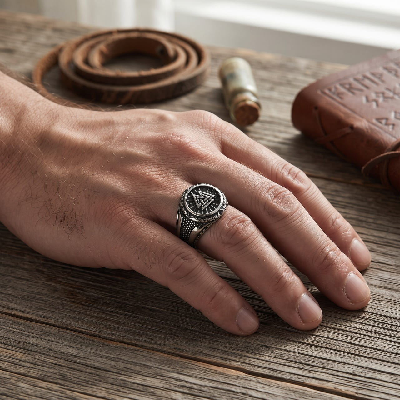 Bague chevalière en acier gravée d'un Valknut dans un cercle perlé, portée à l'annulaire d'une main d'homme