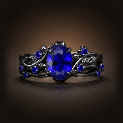 Bague Viking Zircon Cristal Bleu, Finition Noir et Doré