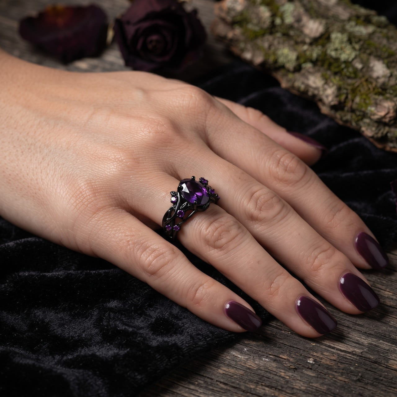 Bague en acier noir sertie d'un zircon violet portée à l'annulaire d'une main féminine aux ongles prune, sur velours noir