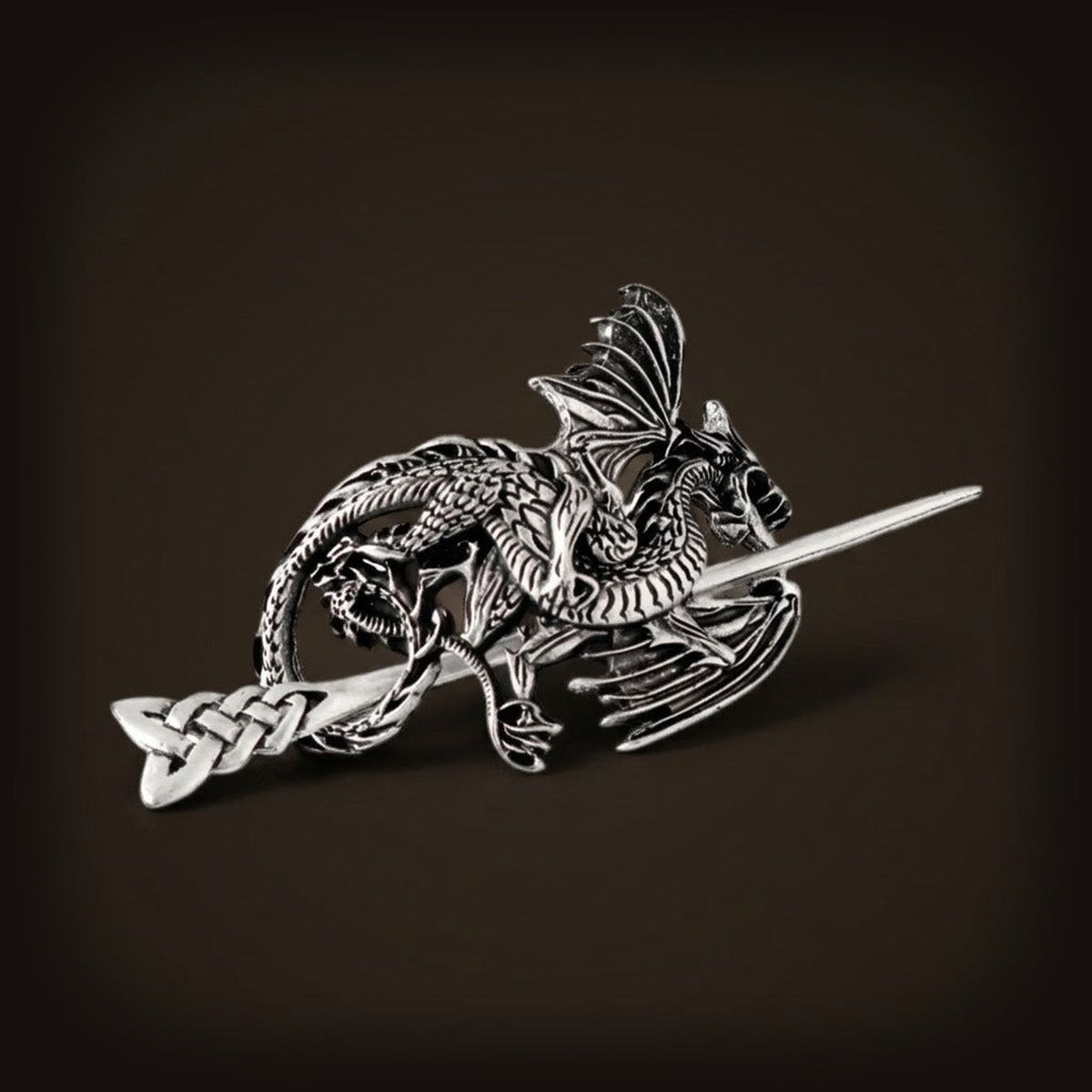 Barrette viking à pique, dragon ailé ajouré en alliage argent vieilli et nœud celtique en tête de tige