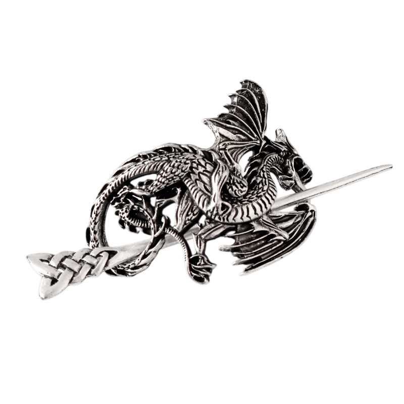 Barrette viking à pique, dragon ailé ajouré en alliage argent vieilli et nœud celtique en tête de tige