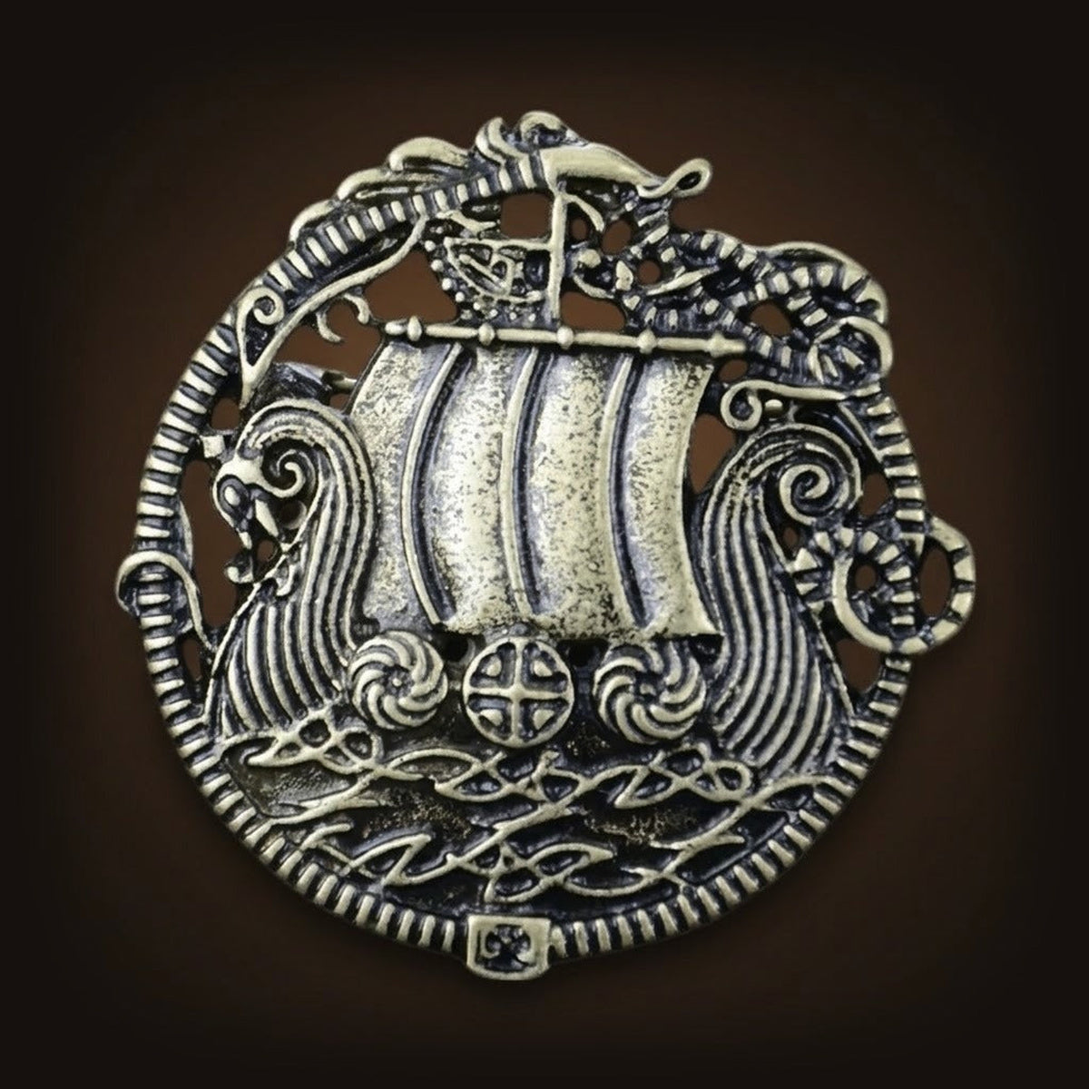 Barrette Viking Drakkar sous Voile, finition bronze vieilli