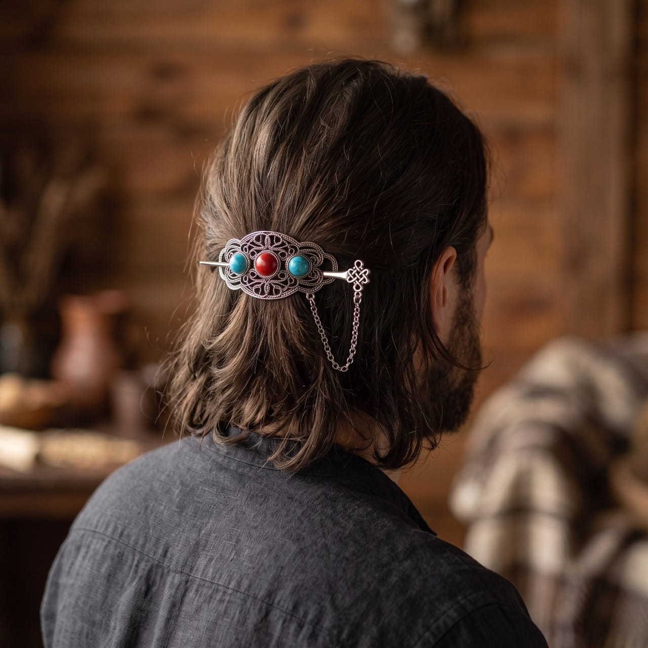 Barrette Viking Filigrane à Gemmes Turquoise et Rouge, porté