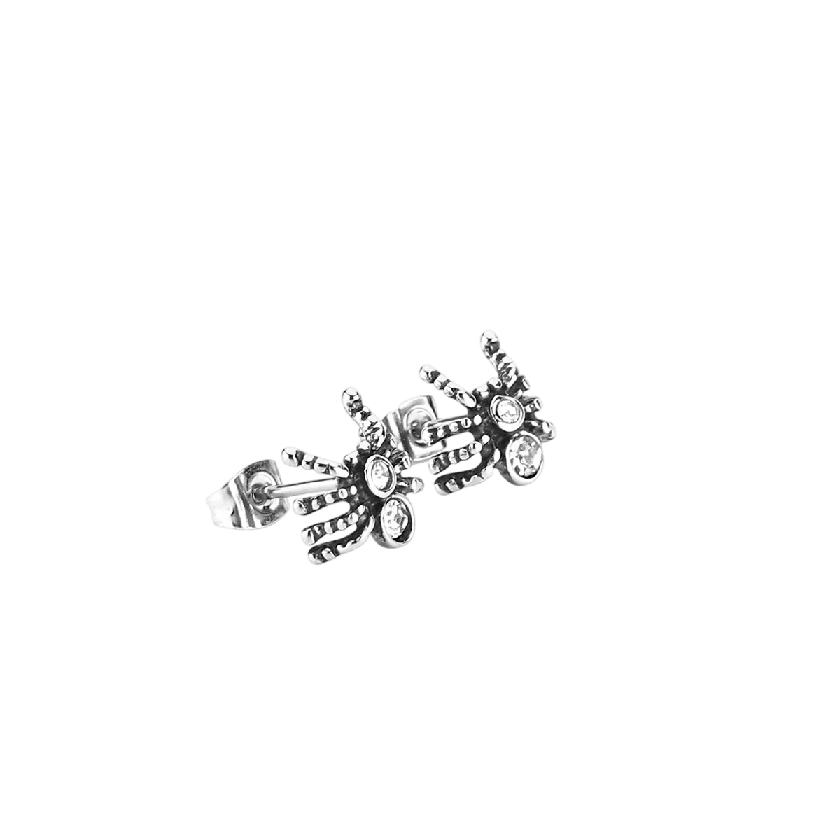 Puces d'oreilles araignée en acier inoxydable, corps et pattes graciles sertis de petits zircons blancs