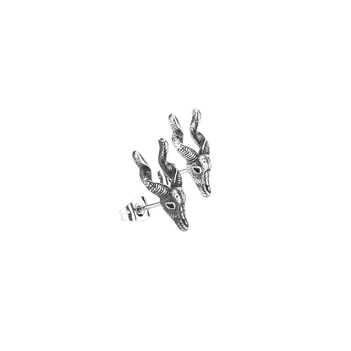 Puces d'oreilles bucrane en acier inoxydable patiné, front allongé et longues cornes recourbées vers le haut