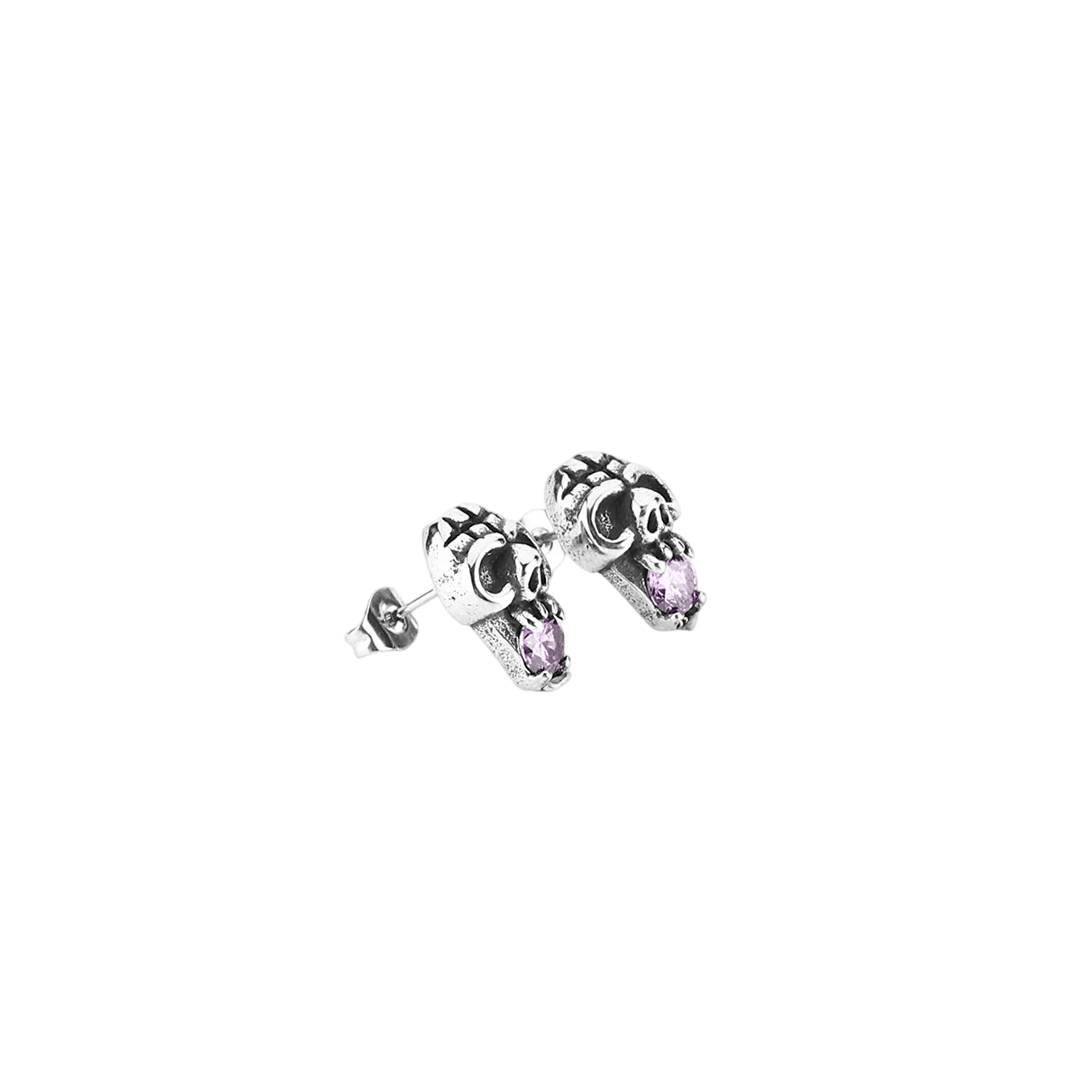 Puces d'oreilles en acier inoxydable, petit crâne gravé surmontant un zircon rose taillé en goutte