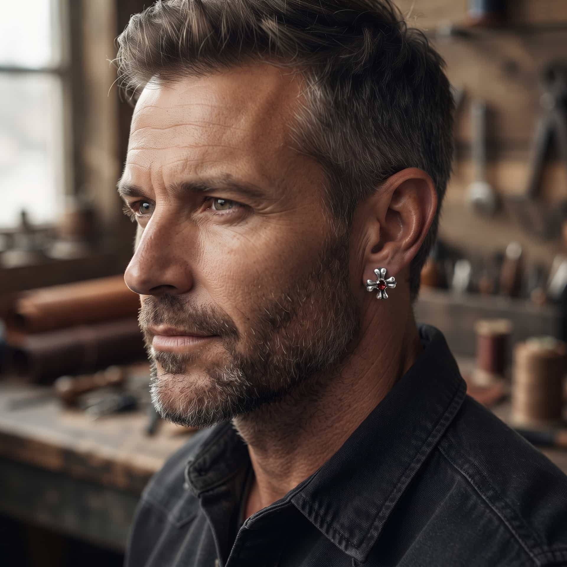 Puce d'oreille croix à zircon rouge en acier portée au lobe