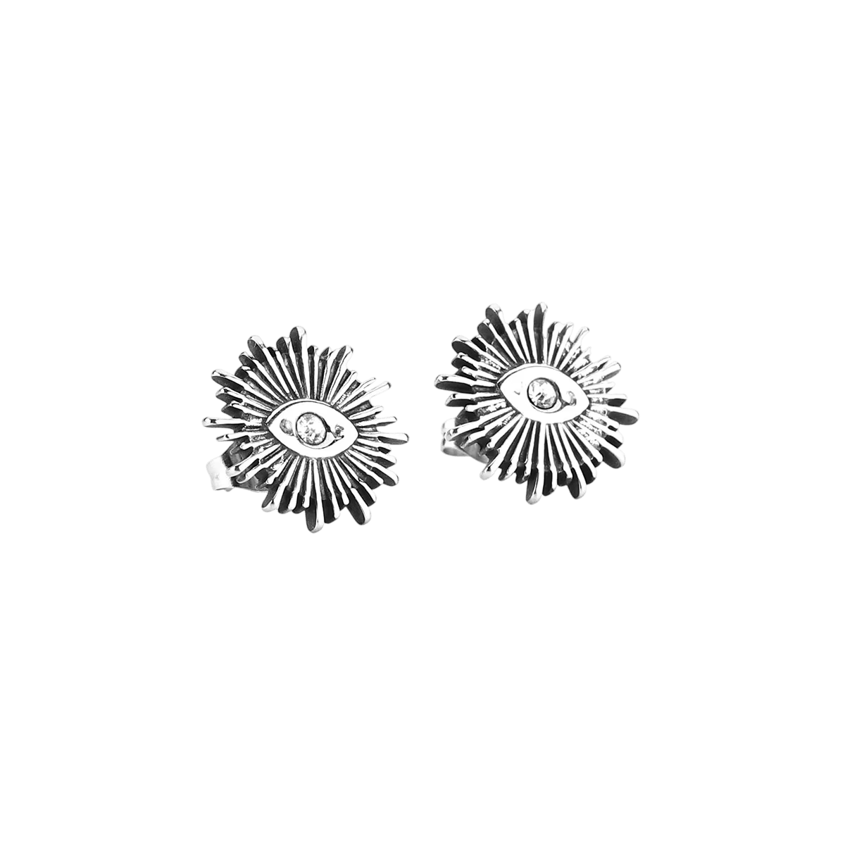 Puces d'oreilles en acier inoxydable, œil serti d'un zircon blanc au centre d'une couronne de rayons effilés