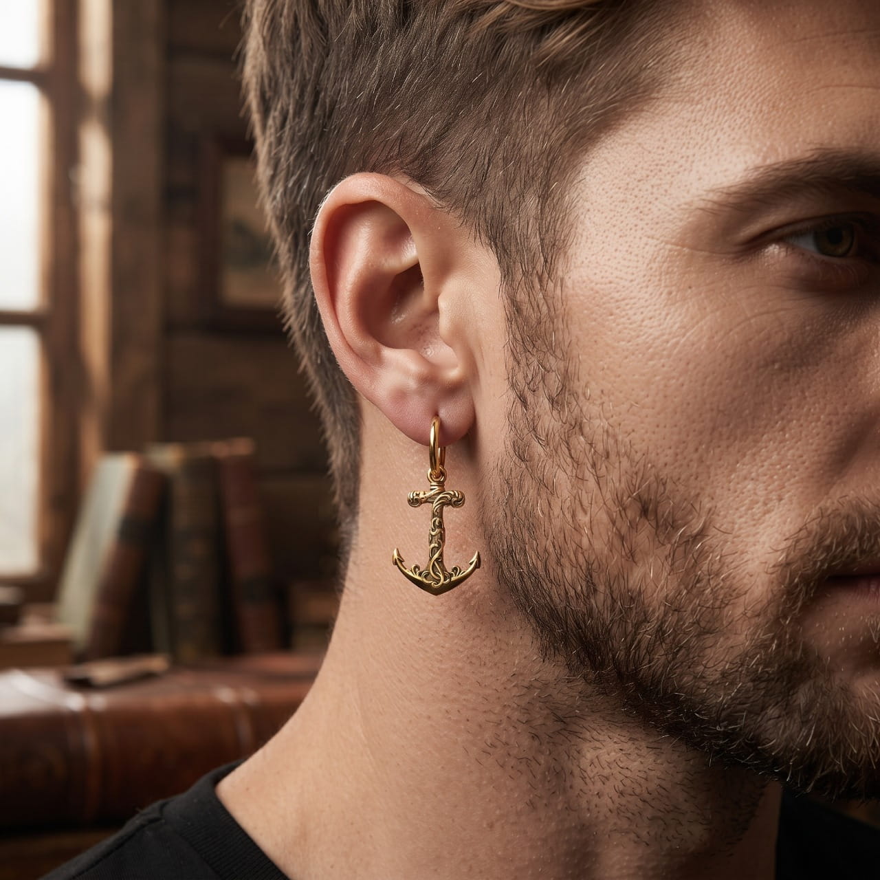 Pendante viking ancre dorée portée à l'oreille, suspendue à une créole assortie