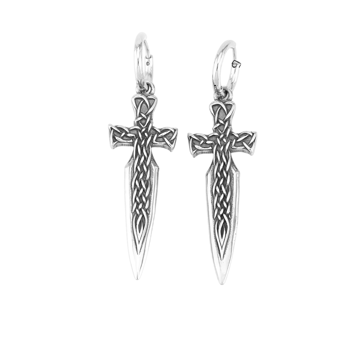 Boucle d'oreille épée viking en acier inoxydable, garde gravée d'entrelacs nordiques