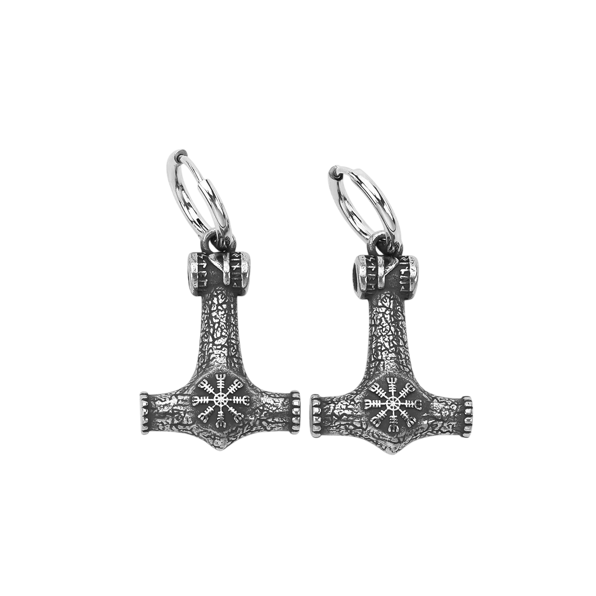 Boucles d'oreilles Mjölnir en acier inoxydable suspendues à une créole, Vegvísir gravé dans un cercle sur la tête