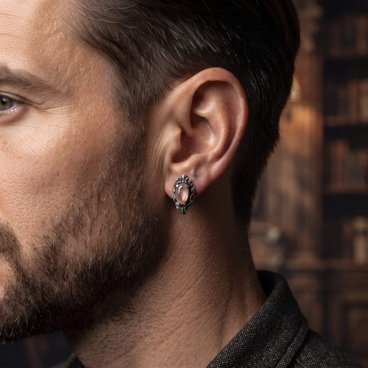 Puce d'oreille zircon rose ovale en acier portée au lobe