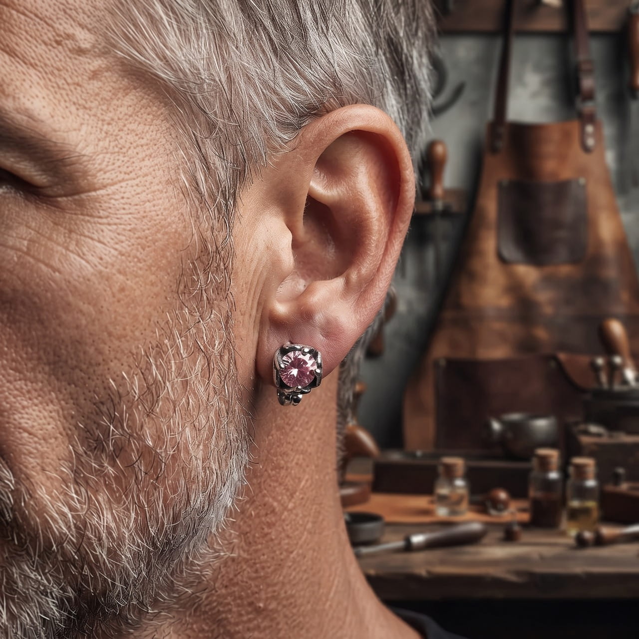 Puce d'oreille zircon rose ronde en acier portée au lobe