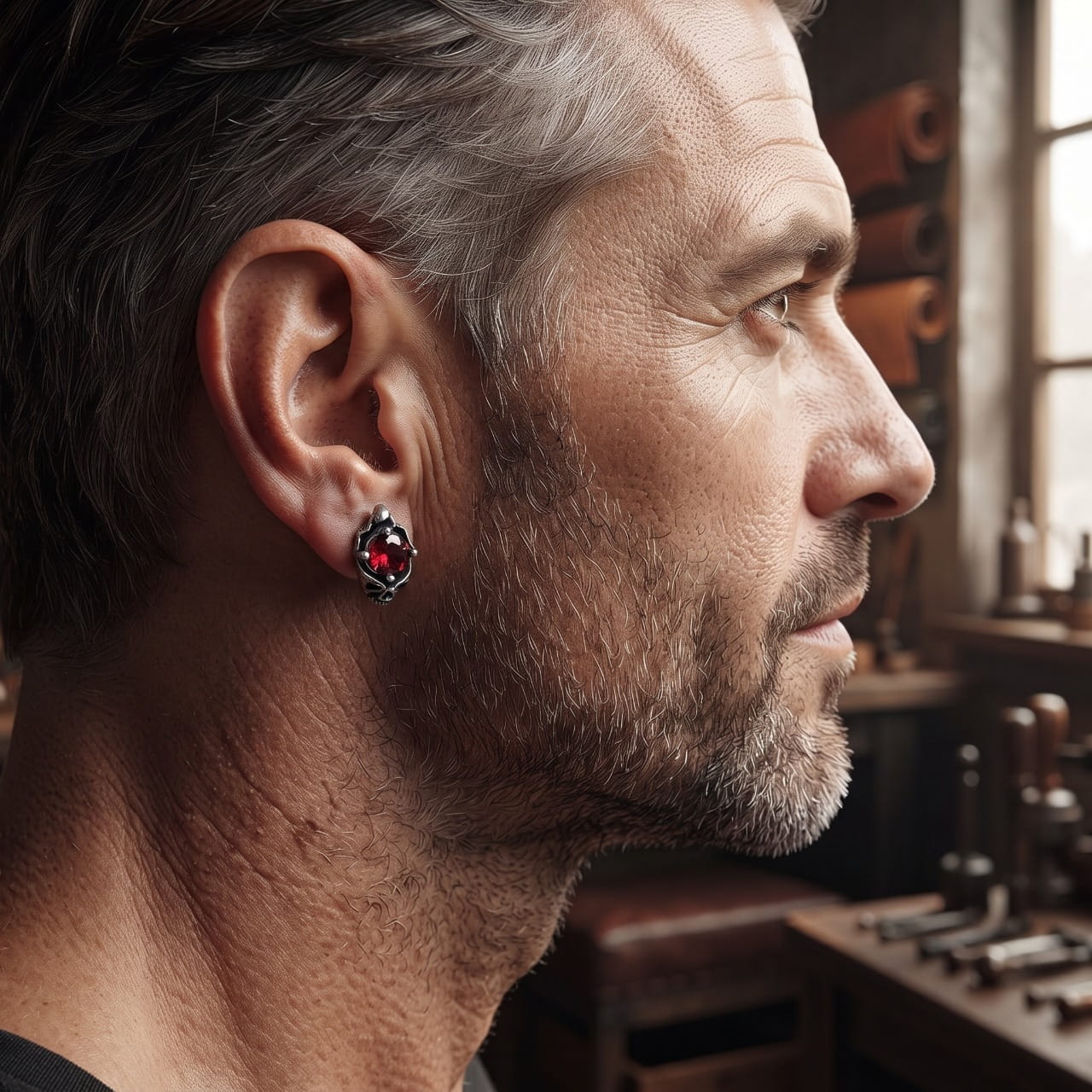 Puce d'oreille zircon rouge en acier portée au lobe, monture brute