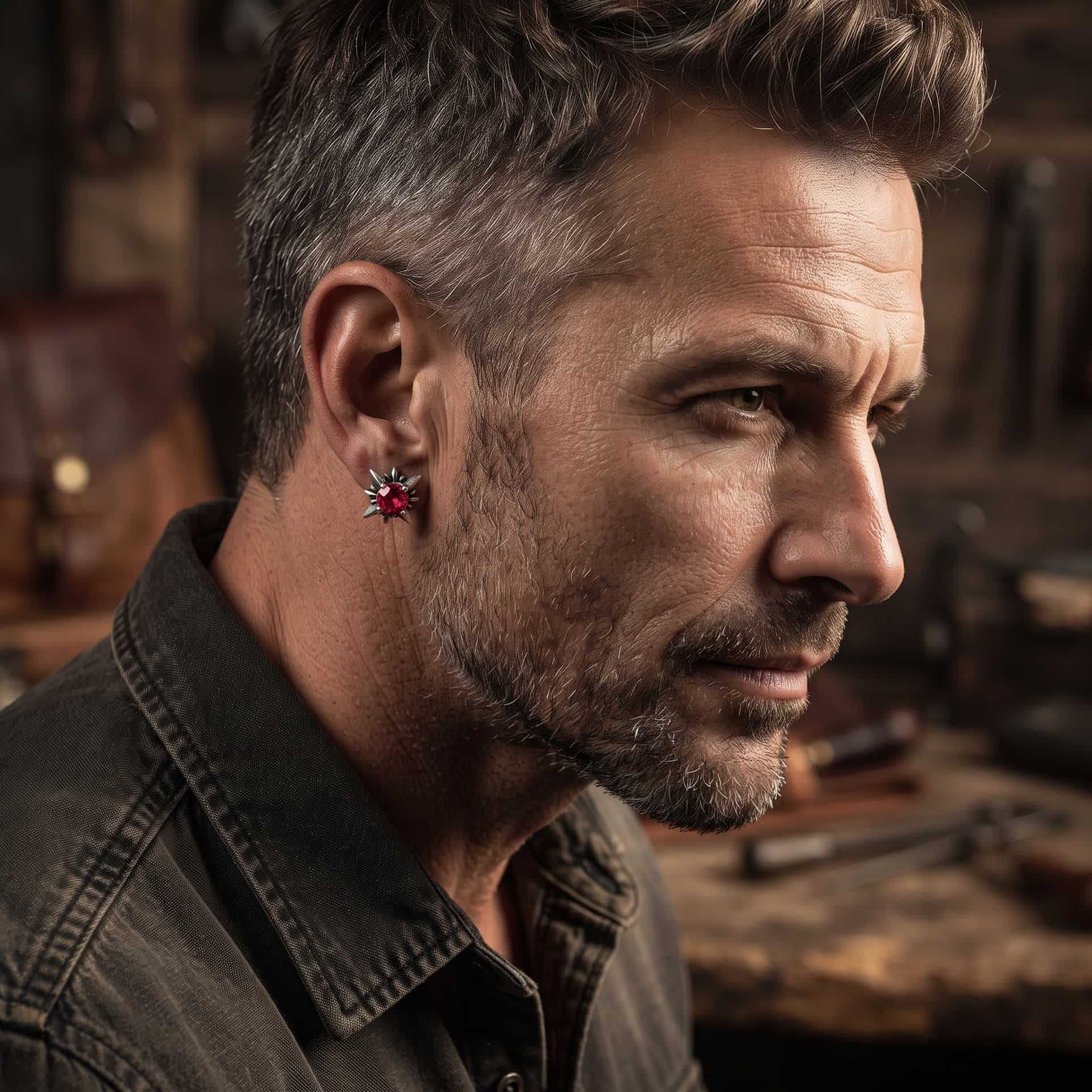 Puce d'oreille zircon rouge en acier portée au lobe, griffes en étoile