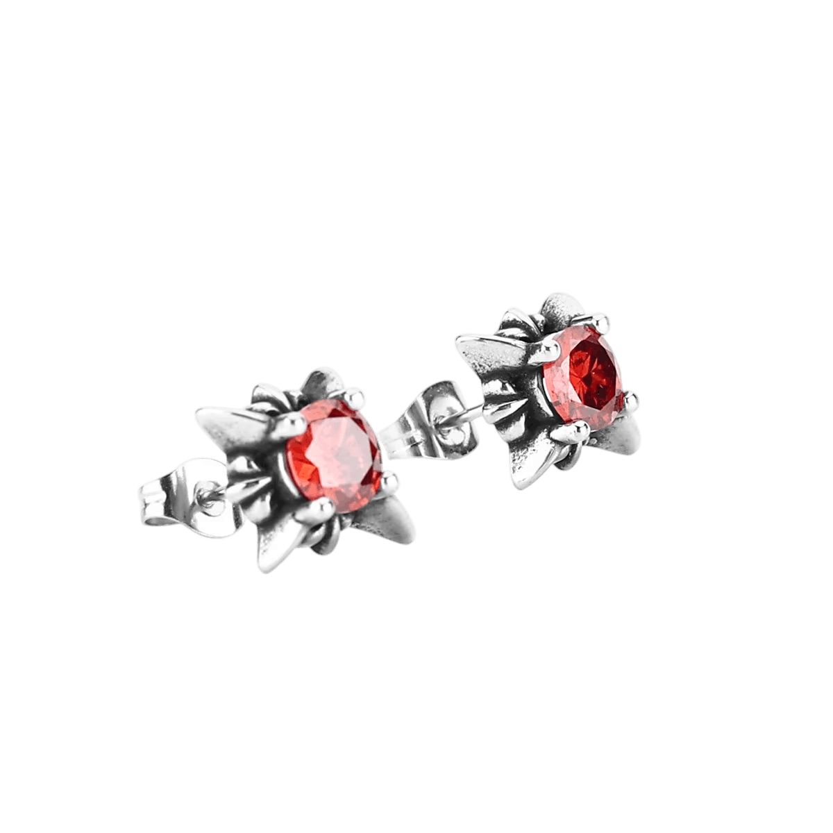 Puces d'oreilles zircon rouge en acier inoxydable, monture à pointes effilées rayonnantes