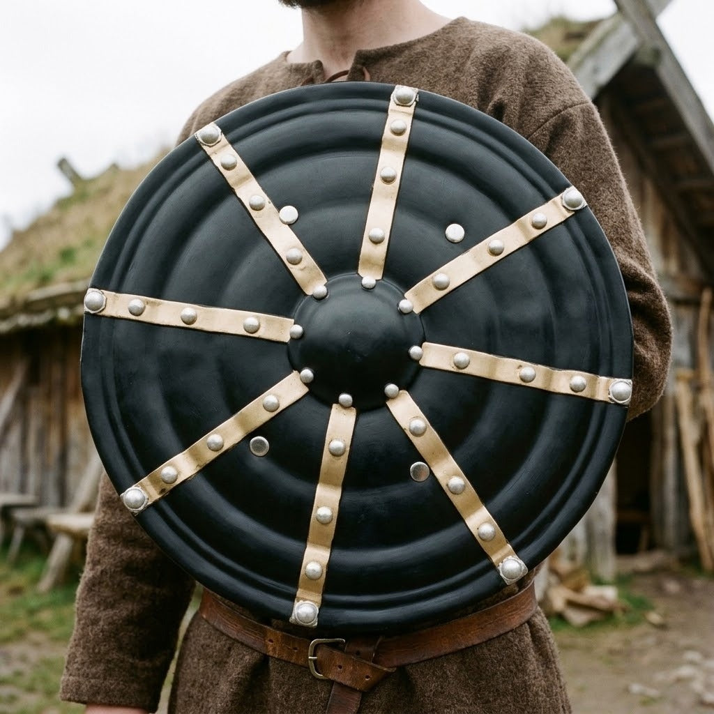 Bouclier rond noir à bandes dorées cloutées, 44 cm, tenu devant le torse par un guerrier viking devant une maison longue au toit de tourbe