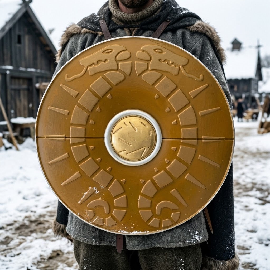 Bouclier rond ocre aux deux serpents entrelacés et umbo doré, 44 cm, tenu devant le torse par un guerrier viking dans un village enneigé
