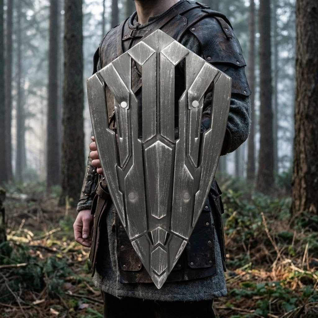 Bouclier viking ailé argenté en mousse PU, 51 × 35 cm, tenu au bras par un guerrier en armure de cuir dans une forêt de pins brumeuse