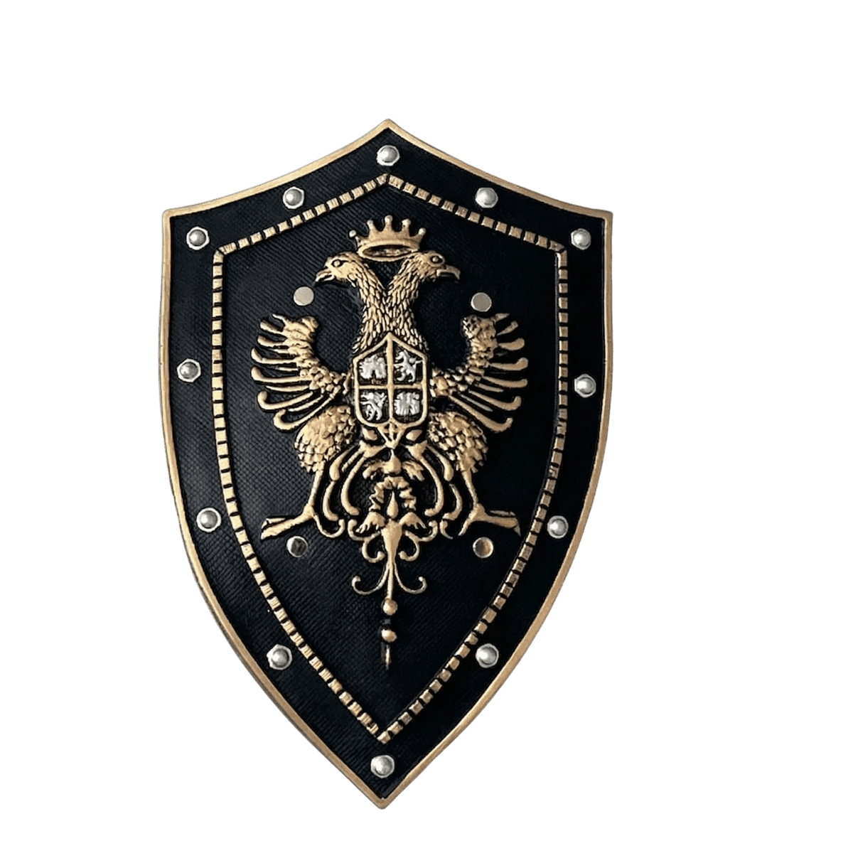 Bouclier viking noir et or, blason à l'aigle bicéphale doré sur fond noir, bordure cloutée, sur fond blanc