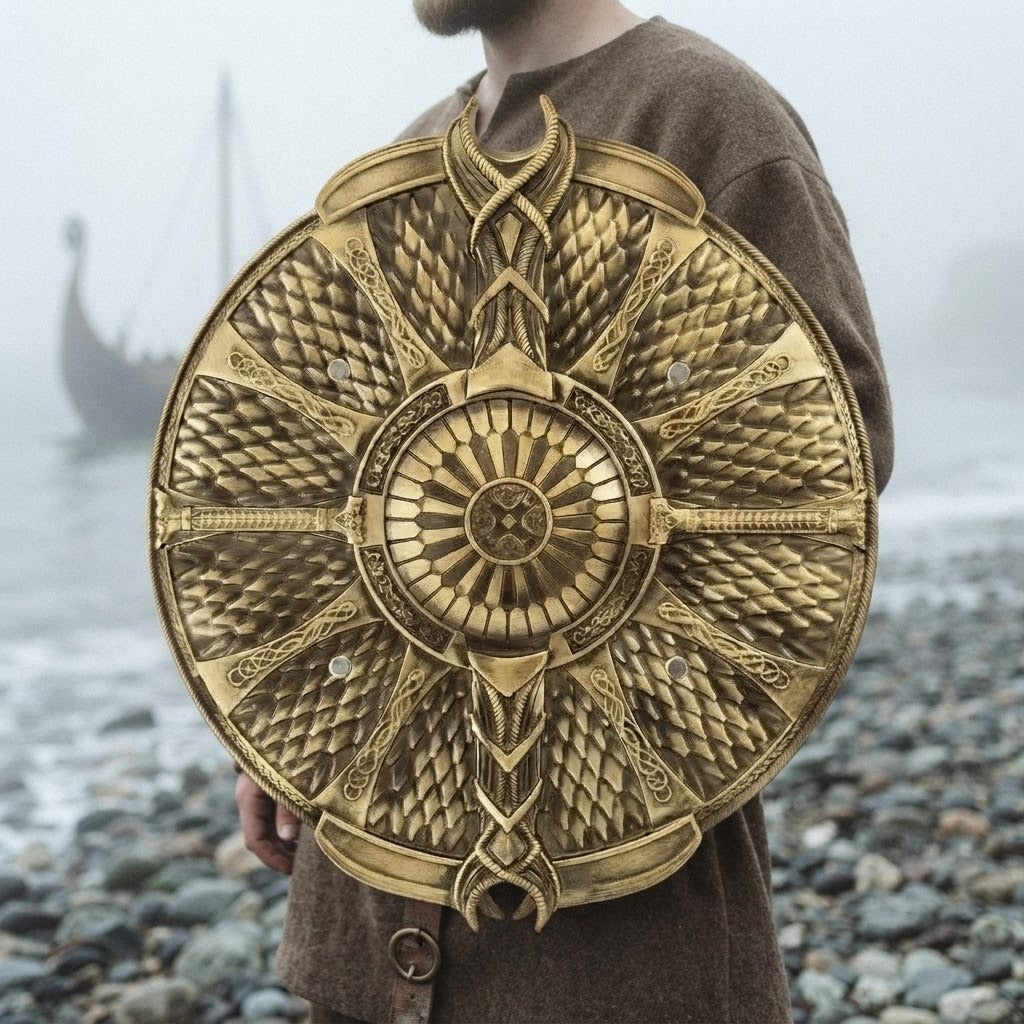 Bouclier viking rond bronze à écailles de dragon et entrelacs, 47 × 53 cm, tenu devant le torse sur une plage de galets, drakkar dans la brume