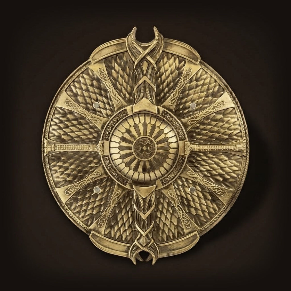 Bouclier viking rond bronze motifs nordiques gravés en mousse PU 53cm cosplay