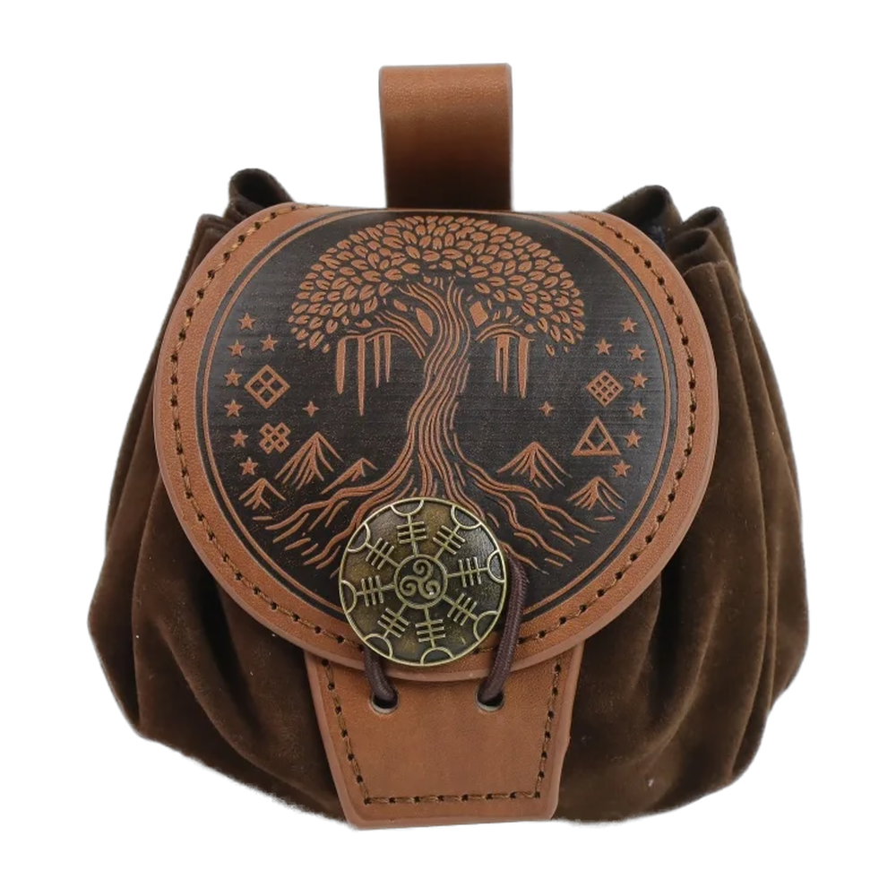 Bourse de ceinture viking en similicuir, motif arbre de vie entre montagnes et étoiles, bouton Ægishjálmur