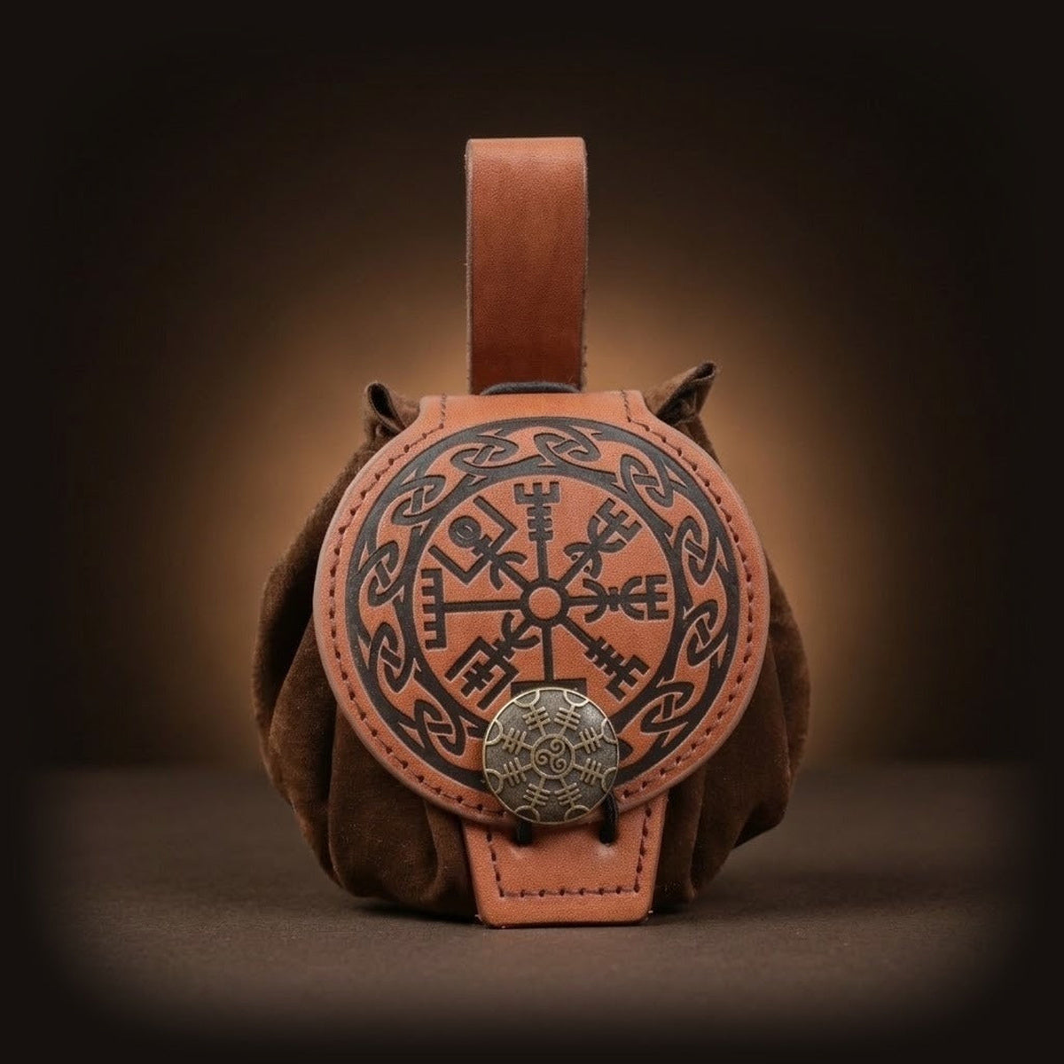 Bourse de ceinture viking en similicuir, motif Vegvísir dans un cercle d’entrelacs, bouton Ægishjálmur