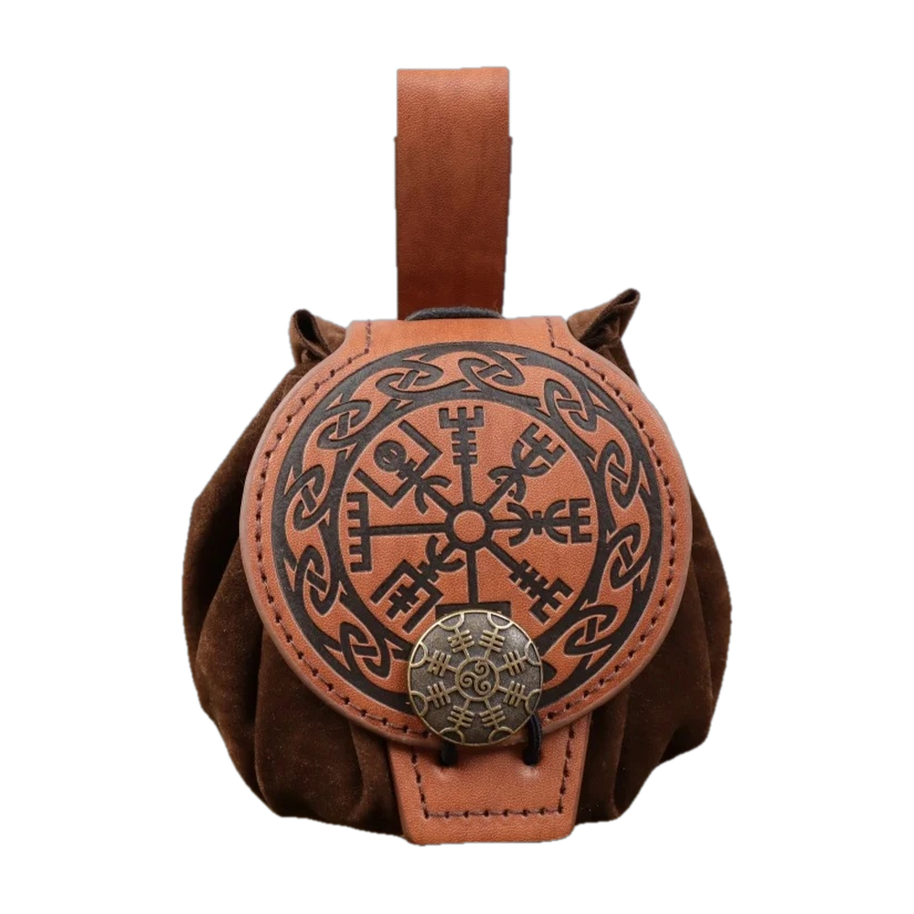 Bourse de ceinture viking en similicuir, motif Vegvísir dans un cercle d’entrelacs, bouton Ægishjálmur