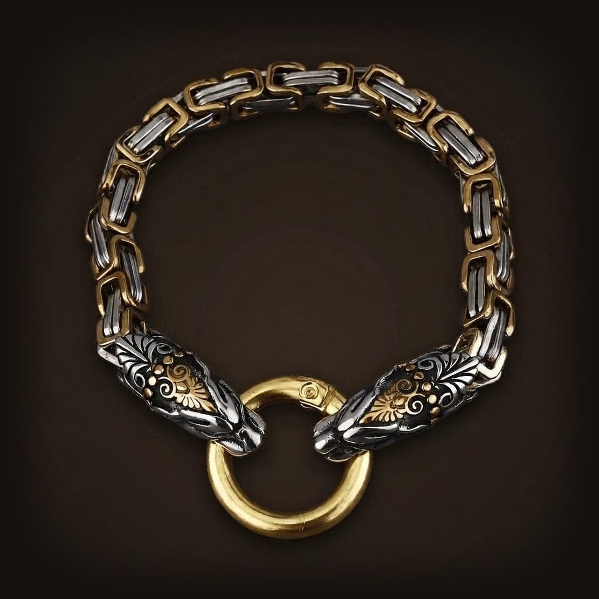 Bracelet Chaîne Byzantine à Têtes de Dragon : Anneau Central