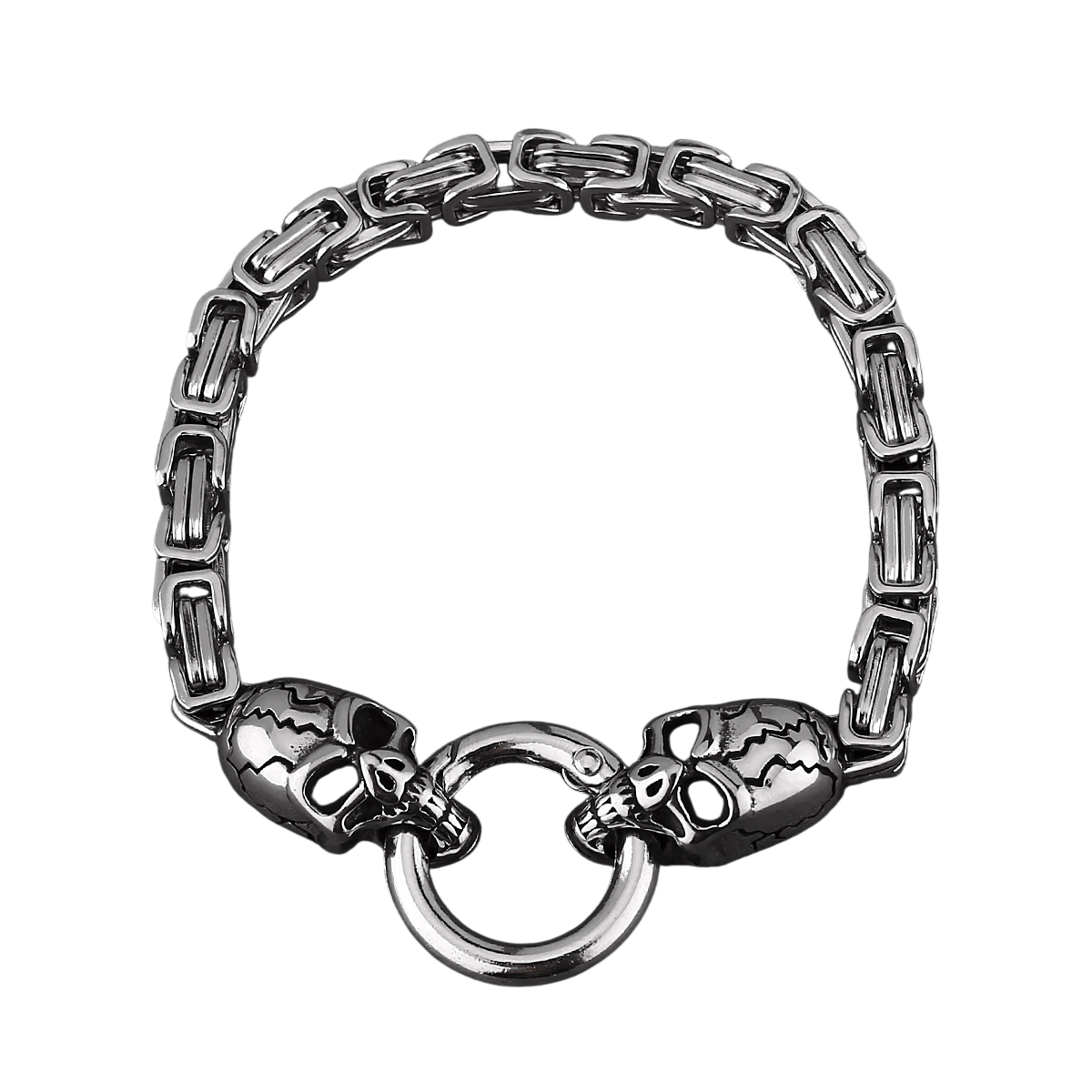 Bracelet Chaîne Byzantine à Têtes de Mort : Acier Noirci, vue de détail sur fond blanc