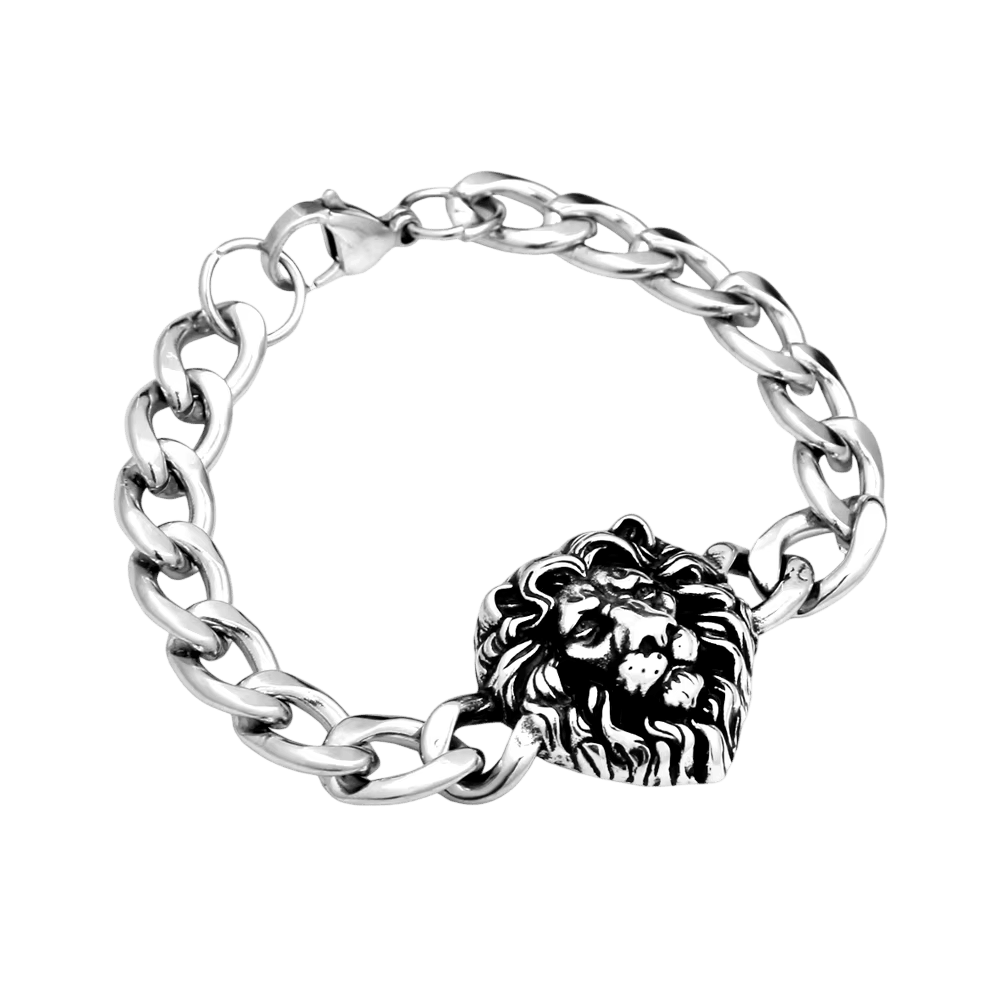 Bracelet Gourmette à Tête de Lion : Acier Massif, vue de détail sur fond blanc