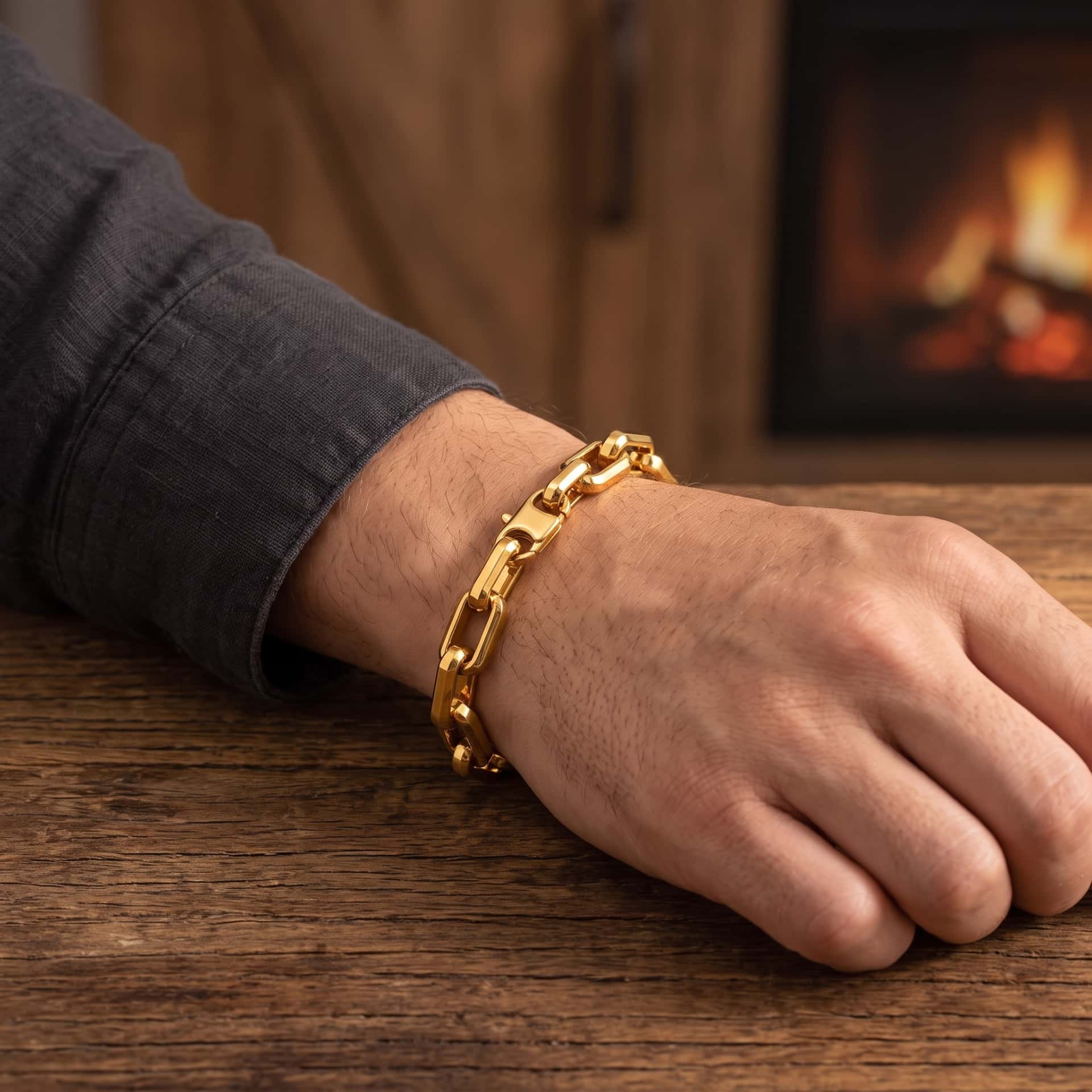 Bracelet à Maillons Rectangulaires : Acier Doré ou Argenté, porté au poignet