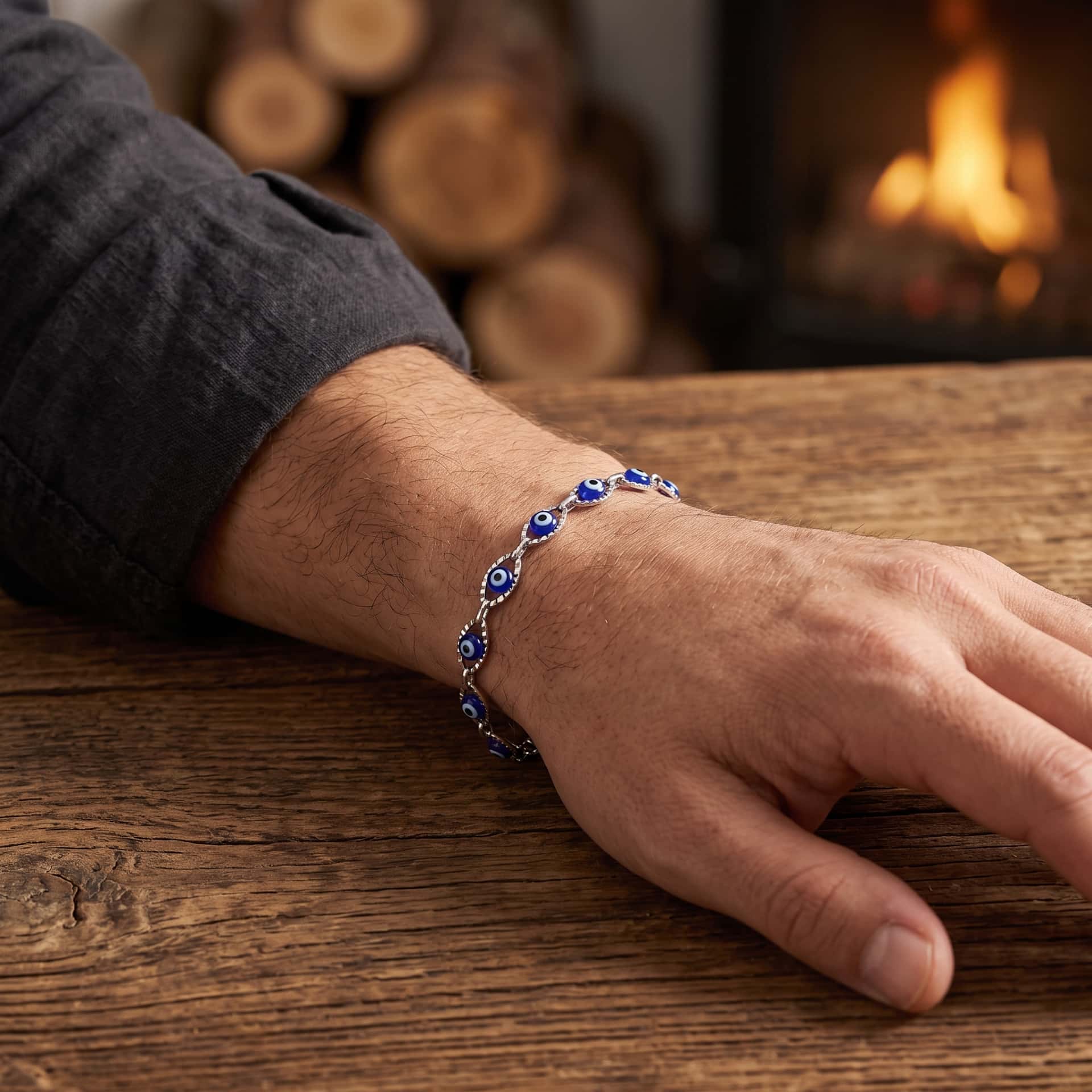Bracelet Mauvais Œil : Perles Bleues sur Chaîne Fine, porté au poignet