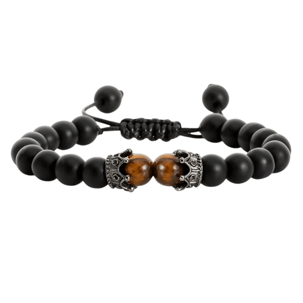 Bracelet de Perles en Agate Noire Mate et Œil-de-Tigre, vue de détail sur fond blanc