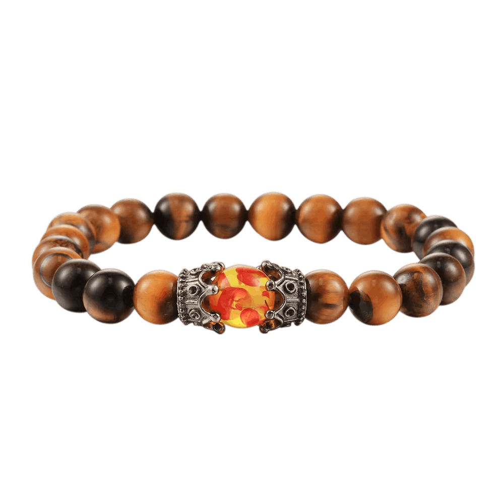 Bracelet de Perles en Œil-de-Tigre Brun : Couronnes Argentées, vue de détail sur fond blanc