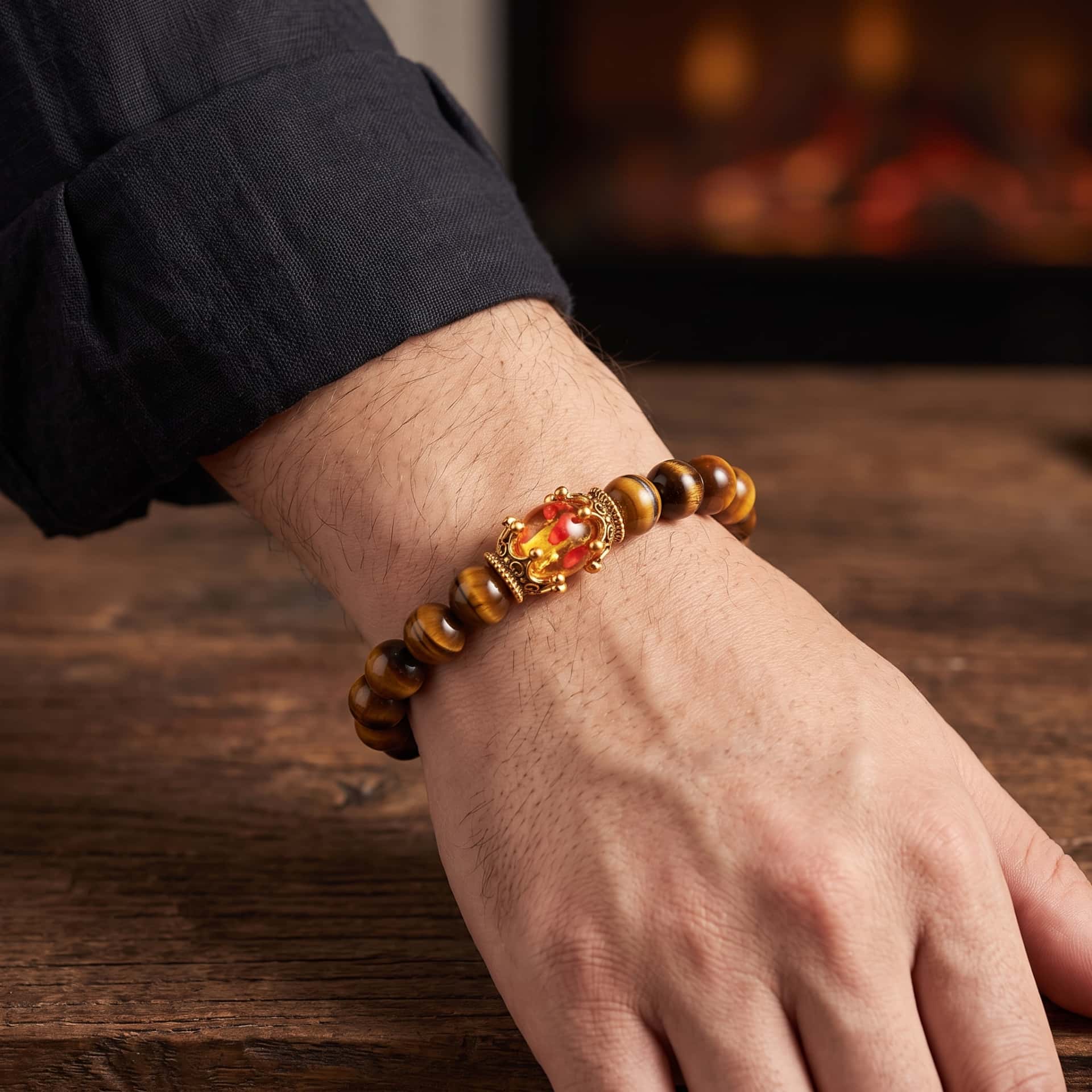 Bracelet de Perles en Œil-de-Tigre Doré : Couronnes Dorées, porté au poignet