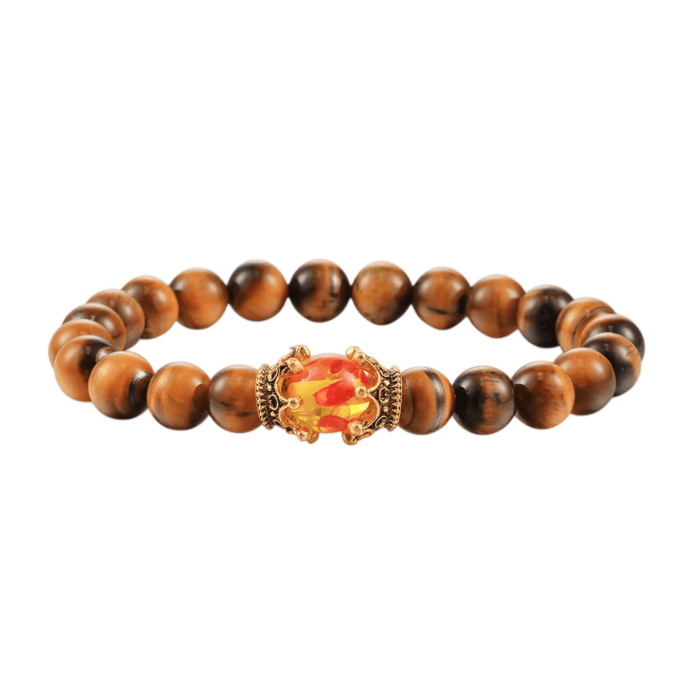 Bracelet de Perles en Œil-de-Tigre Doré : Couronnes Dorées, vue de détail sur fond blanc