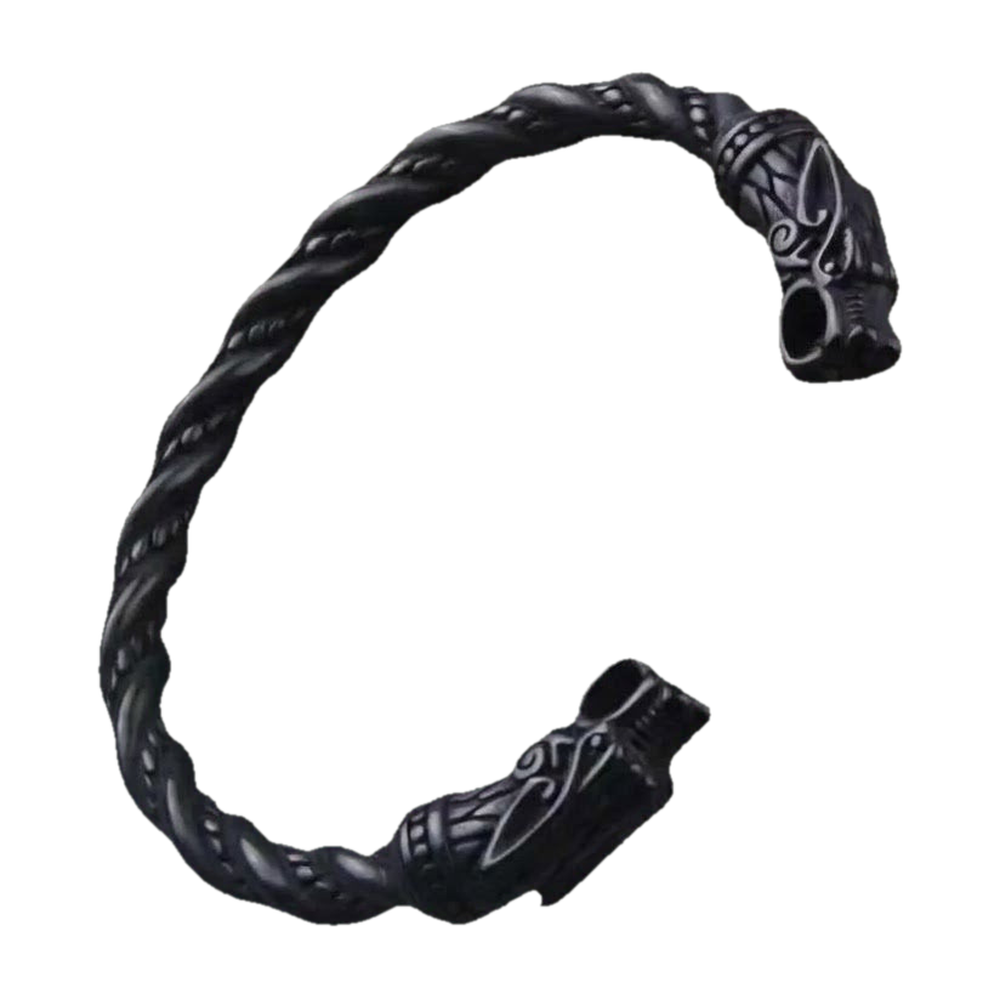 Bracelet torque viking en acier noirci torsadé, deux têtes de dragon à collerette d’entrelacs