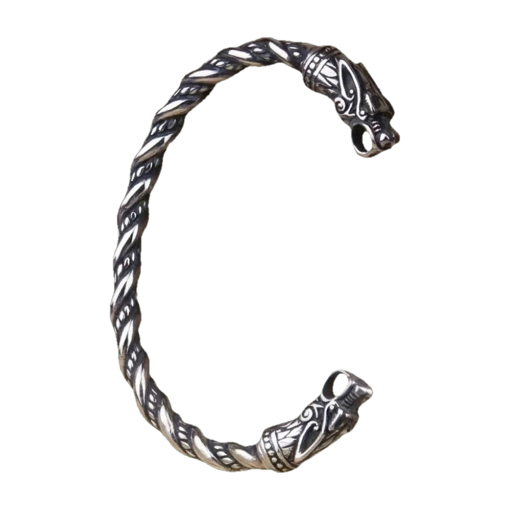 Bracelet torque viking en acier vieilli torsadé, deux têtes de dragon à collerette d’entrelacs